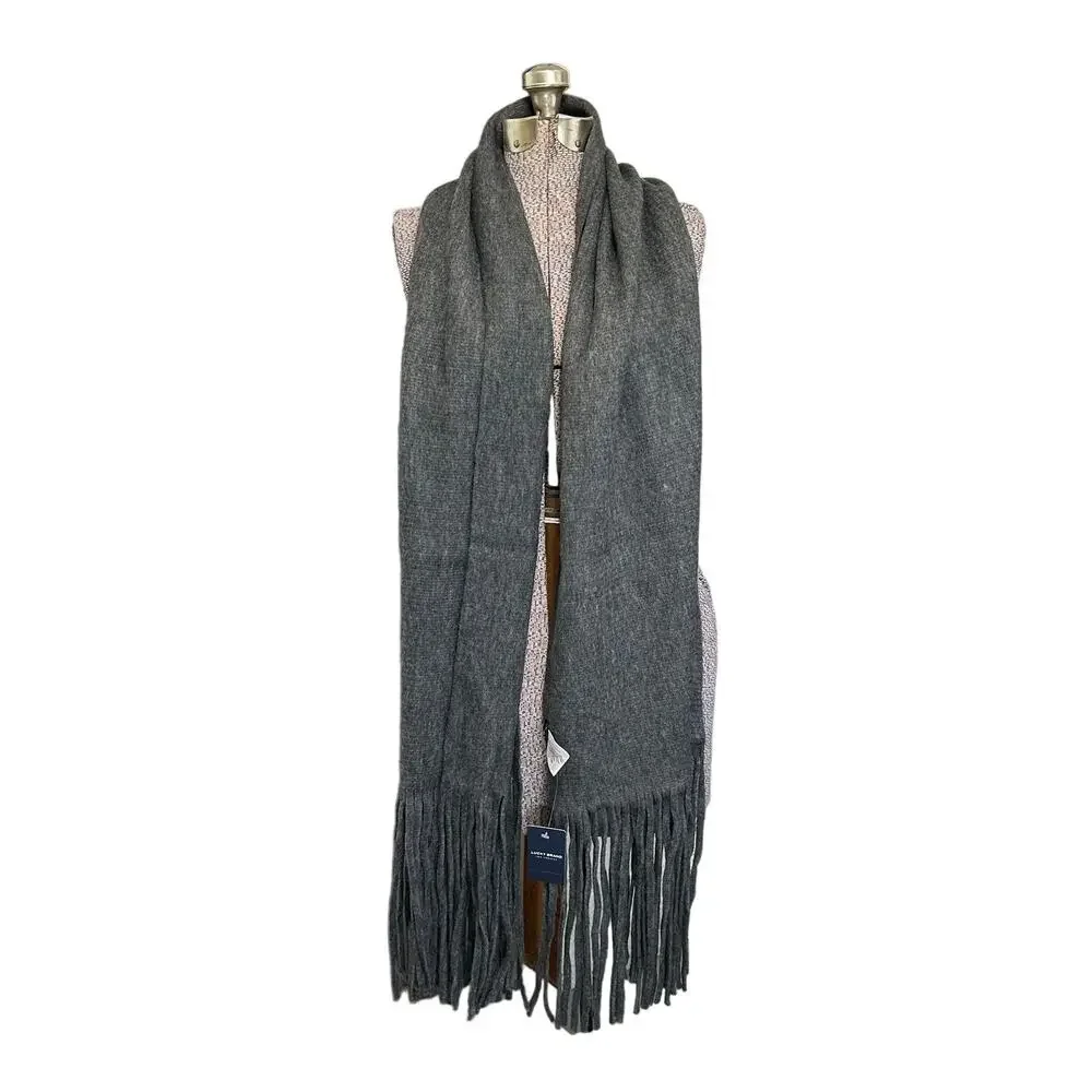 Lucky Brand Acrylic Fringe Knit Scarf NWT Sz One Size Gray Brushed Cozy Soft